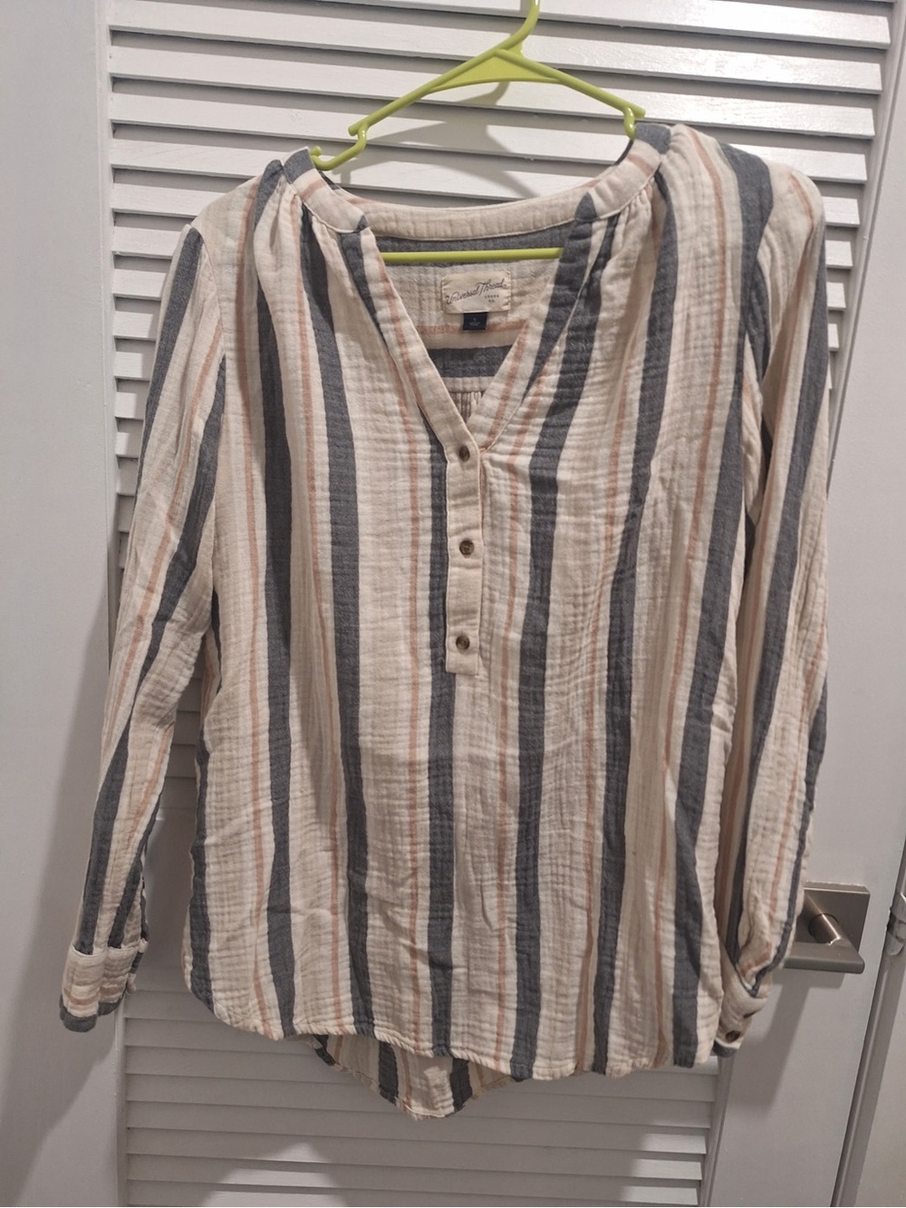 Universal Thread Striped Long-Sleeve Henley - Beige, Gray & Tan